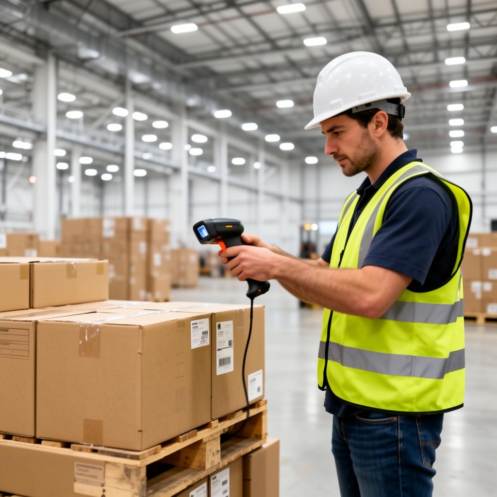 Warehouse worker scanning a barcode on a pallet