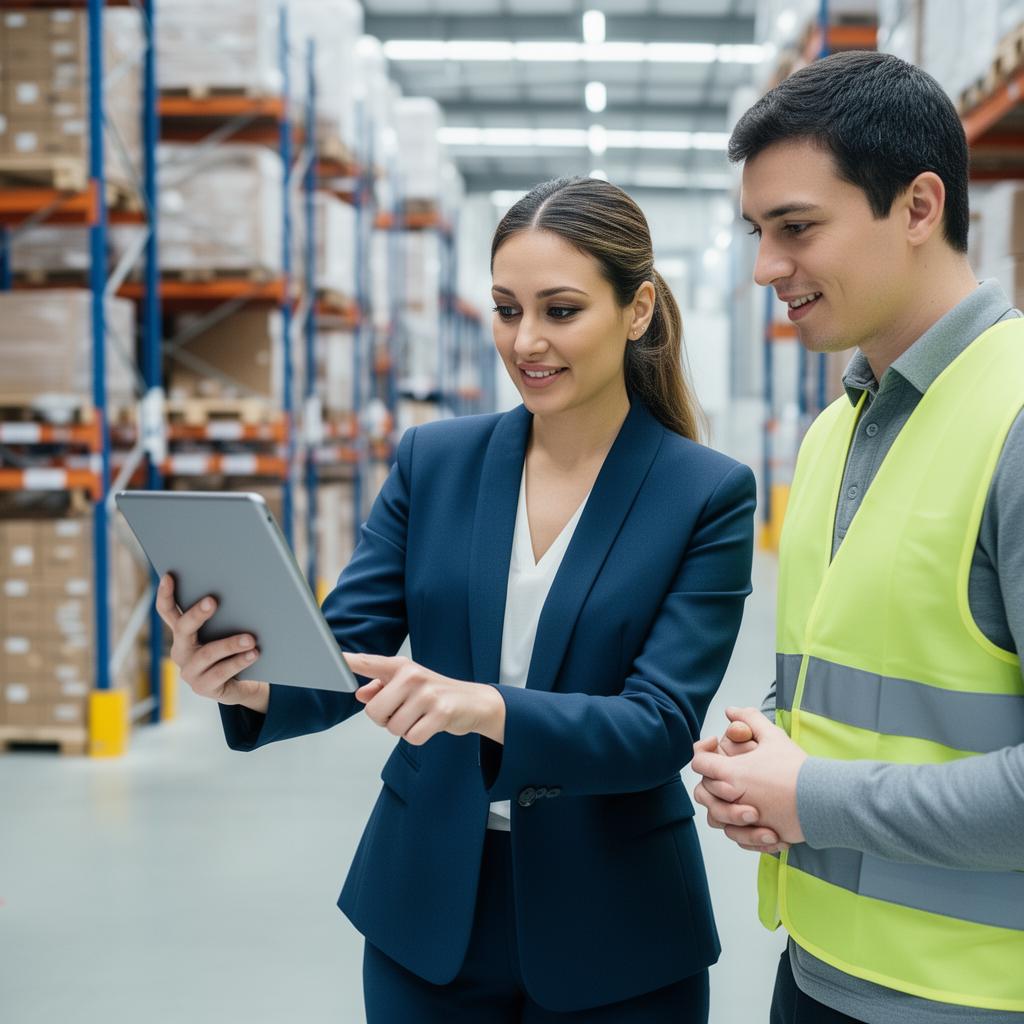 Operations manager reviewing tablet with warehouse colleague