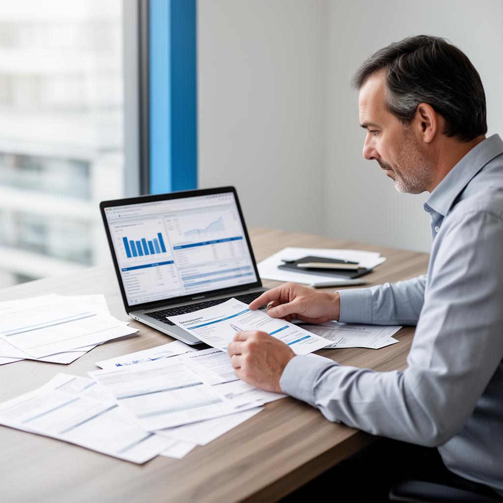 Finance professional reviewing invoices and dashboard
